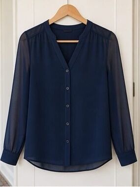 Women’s Navy Button-Front Sheer Sleeve Blouse